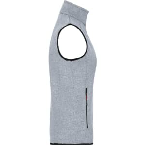 A ladies' knitted fleece vest in grey, featuring a high collar and a side zip pocket. It has a logo on the chest.