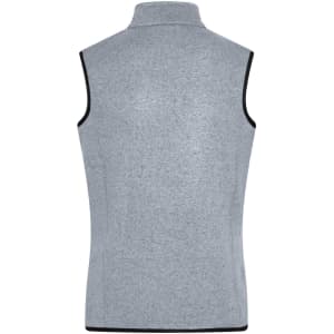A grey knitted fleece vest with a high collar, featuring contrasting black edges and no sleeves.