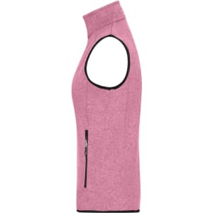 A pink knitted fleece vest with a high collar and a side zip pocket, featuring black trim.