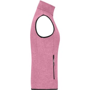 A pink knitted fleece vest featuring a high collar and a side zip pocket, with no sleeves.