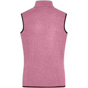 A pink knitted fleece vest with a high collar and contrasting black trims, showcasing a clean back view.