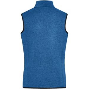 A blue knitted fleece vest featuring a high neck and a logo on the back. It has a contrasting black trim.