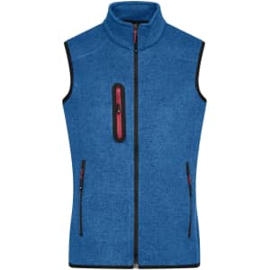A men's knitted fleece vest in blue, featuring zippered pockets and a high collar, with a logo on the chest.