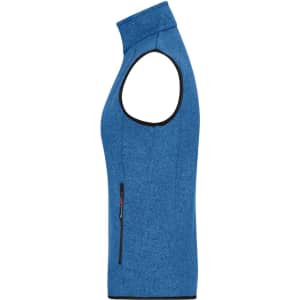 A blue men's knitted fleece vest featuring a zippered side pocket and a high collar. It has a logo on it.