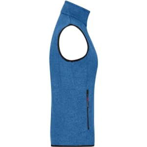 A blue knitted fleece vest featuring a zip pocket and a sleeveless design. It has a logo on the fabric.