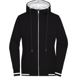 A black track jacket with a hood, featuring a white interior and contrasting white accents on the cuffs and hem.