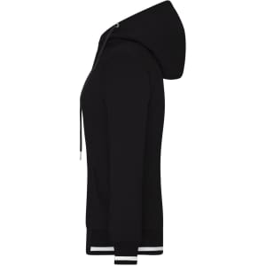 A black ladies' track jacket featuring a hood and white stripe detailing on the cuffs. It has a logo on the design.