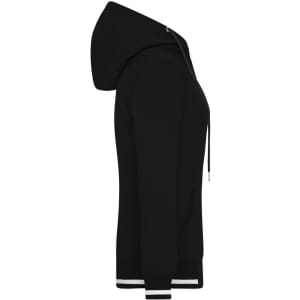A black track jacket with a hood, featuring contrasting white stripes on the cuffs and a logo.
