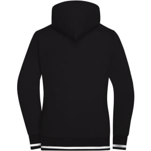 A black track jacket featuring a hood and contrasting stripes on the cuffs and hem, with a logo on the back.