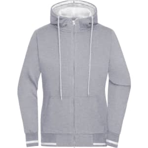 A grey track jacket with a hood and white detailing, featuring a zip front and pockets. It has a logo on it.
