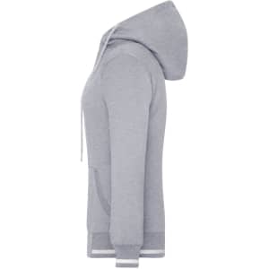 A grey ladies track jacket with a hood, featuring side pockets and striped cuffs. It has a logo on the front.
