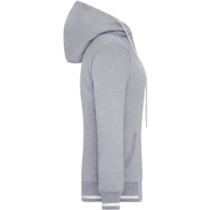 A grey ladies' track jacket with a hood, featuring a logo and white drawstrings.