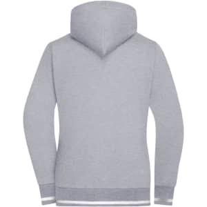 A grey ladies' track jacket with a hood, featuring a logo and stripes at the hem and cuffs.