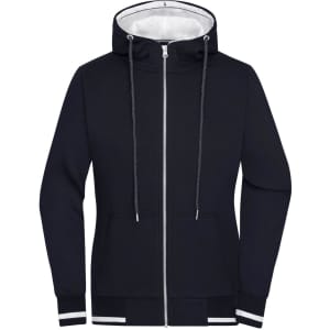 A navy track jacket with a white interior, featuring a hood, zip closure, and a logo on the chest.