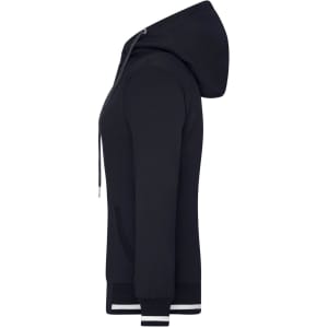 A navy track jacket featuring a hood, with contrasting stripes at the cuffs and an attached logo.