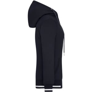A black ladies' track jacket featuring a hood, front pockets, and contrasting striped cuffs. It has a logo as well.