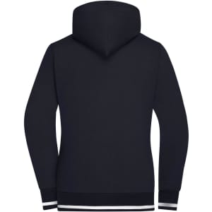 A navy track jacket with a hood, featuring a logo and contrasting stripes at the hem.