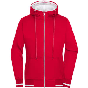 A red ladies track jacket featuring a hood, zip front, and white accents at the cuffs and hem. It has a logo.