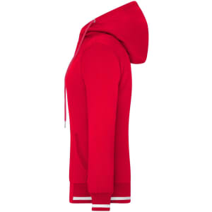 A red track jacket with a hood and contrasting cuffs, featuring a front pocket and a logo.