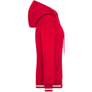 A red ladies' track jacket featuring a hood, front pockets, and a logo on the side.