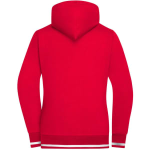 A red women's track jacket featuring a hood and contrasting stripes at the cuffs and hem, with a logo present.