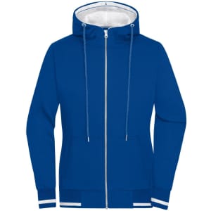 A blue ladies' track jacket with a hood, featuring a zip front and contrasting cuffs. It includes a branding logo.