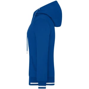 A bright blue ladies track jacket with a hood and contrasting cuffs, featuring a logo on the front.