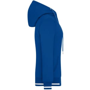 A blue ladies' track jacket with a hood, featuring a logo and contrasting cuffs.