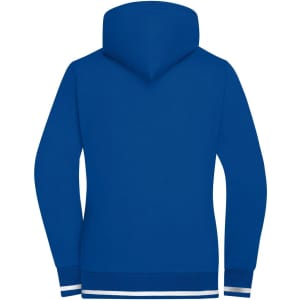 A blue Ladies Club Sweat Jacket with a hood and contrasting striped cuffs and hem. The jacket has a logo.