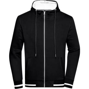 A black men's track jacket with a zip front, hood, and white accents on the cuffs and lining. Features a logo on the chest.