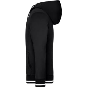 A black men's track jacket with a hood, featuring contrasting white stripes on the cuffs and hem, and a side view.