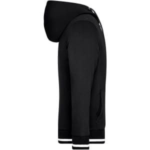 A black men's track jacket with a hood, featuring white trim and a logo.