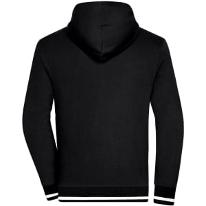 A black men's track jacket featuring a hood and striped cuffs, with a sleek, minimalist design.