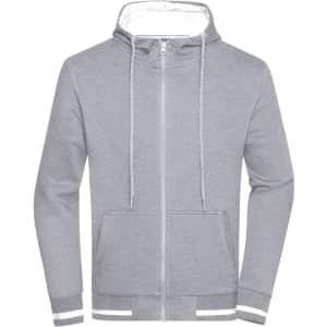 A grey zip-up sweat jacket featuring a hood, front pockets, and a logo. Ideal for casual wear and sports.