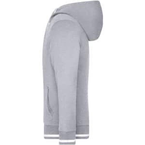 A grey men's club sweat jacket featuring a hood and contrasting stripes at the cuffs. It has a logo on the front.