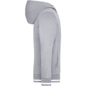 A grey track jacket with a hood and side pockets, featuring a logo on the chest.