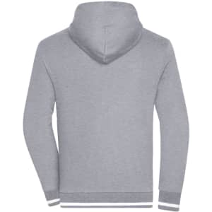 A grey men's track jacket with a hood and ribbed cuffs. Features a logo on the back.