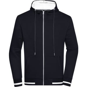 A men's track jacket in navy with a zip, hood, and contrasting white accents. Features a front pocket and drawstrings.