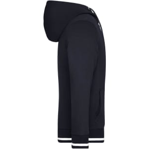 A black men's club sweat jacket with a hood, featuring striped cuffs and a side pocket. It has a logo on the design.