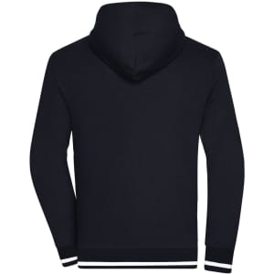 A men's navy club sweat jacket featuring a hood and striped cuffs. The back view highlights the sleek design.