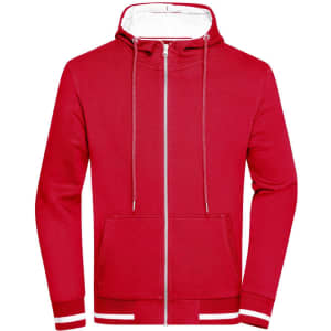A red track jacket featuring a hood, front zip, and a logo. It has striped detailing and a front pocket.