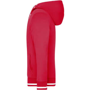 A red men's club sweat jacket featuring a hood and contrasting white stripes on the cuffs and hem. It has a logo.