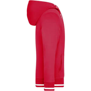 A red men's track jacket featuring a hood, with white striped cuffs and a front pocket. It has a logo.