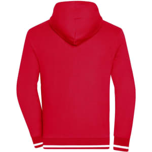 A red men's club sweat jacket featuring a hood and contrasting trim at the cuffs and hem. It has a logo.
