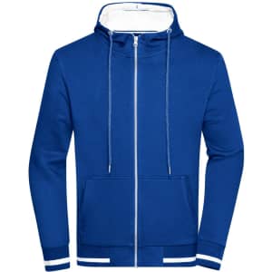A blue men's club sweat jacket with a zip, hood, and front pockets. It features a contrasting white interior.
