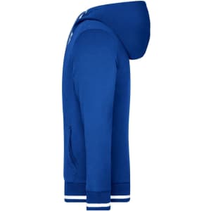 A side view of a blue men's track jacket with a hood and white striped cuffs, featuring a logo.