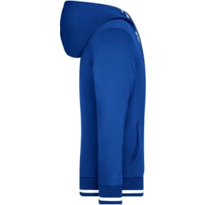 A blue men's track jacket with a hood, featuring a front zip and a logo. The cuffs and hem are striped.