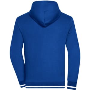 A blue men's club sweat jacket with a hood and striped cuffs, featuring a logo on the back.