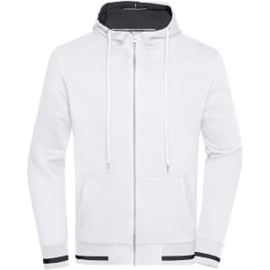 A men's club sweat jacket in white, featuring a hood, zip closure, and a logo. It has a black interior and cuffs.