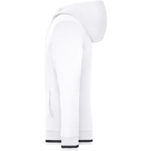 A white track jacket featuring a hood and contrasting cuffs, with a logo on the front.